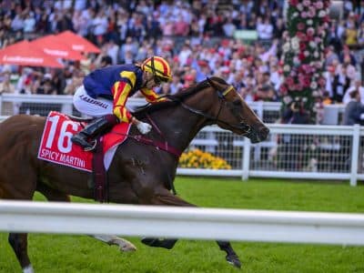 Spicy Martini and jockey race in saddlecloth 18, the mare named for Inglis’s Everest slot.